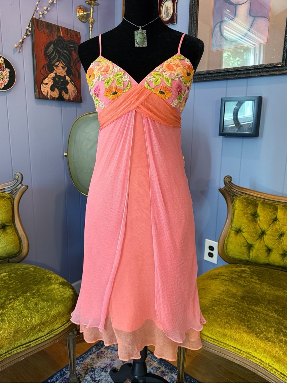 Vintage Y2K Laundry By Shelli Segal Floral 100% Silk Fairycore Dress Size 8 - Picture 5 of 8